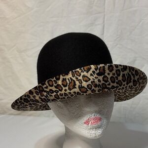 Arlin Black 100% Wool Cloche Hat Leopard Print Brim Gold Shimmer Bow Accent